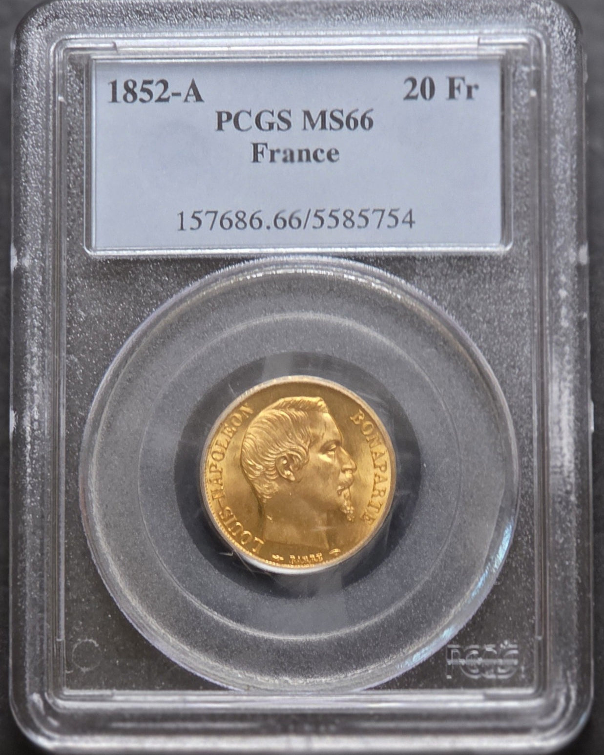 1852-A France Gold 20 Francs, PCGS MS66