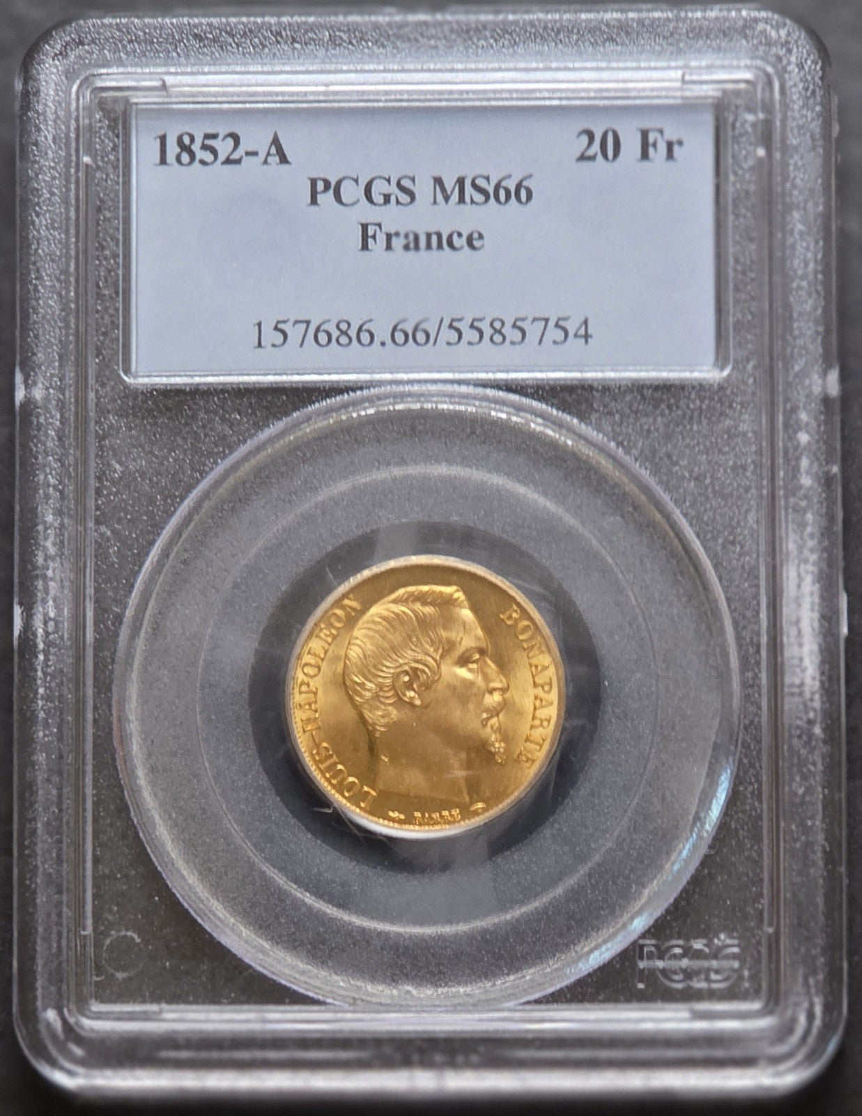 1852-A France Gold 20 Francs, PCGS MS66