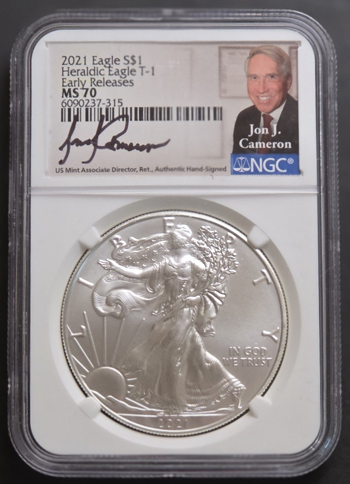 2021 Silver Eagle, T-1, NGC MS70, Jon Cameron Autograph