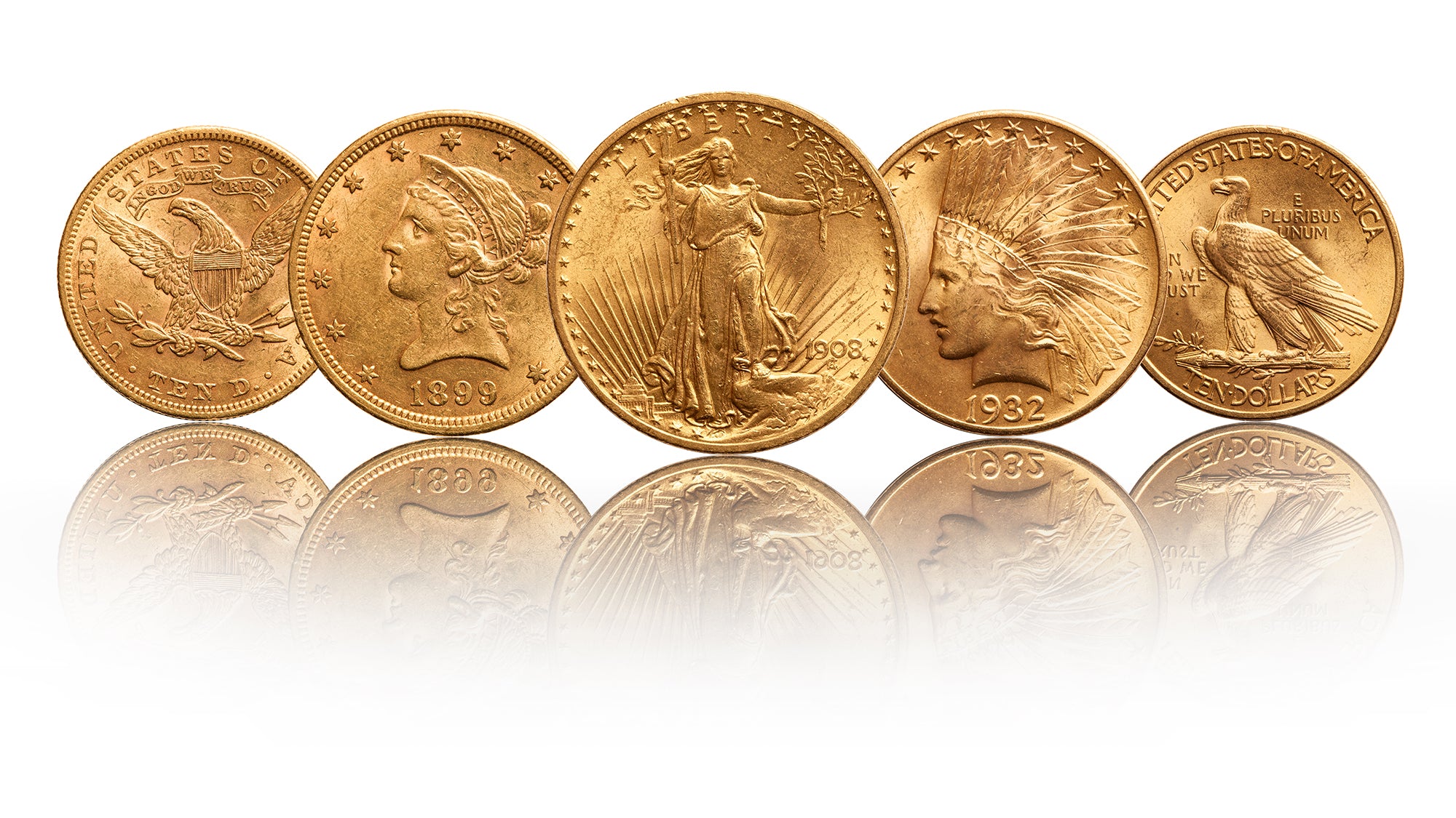 Five gold-colored US coins arranged in a row on a white background with a soft reflection below.