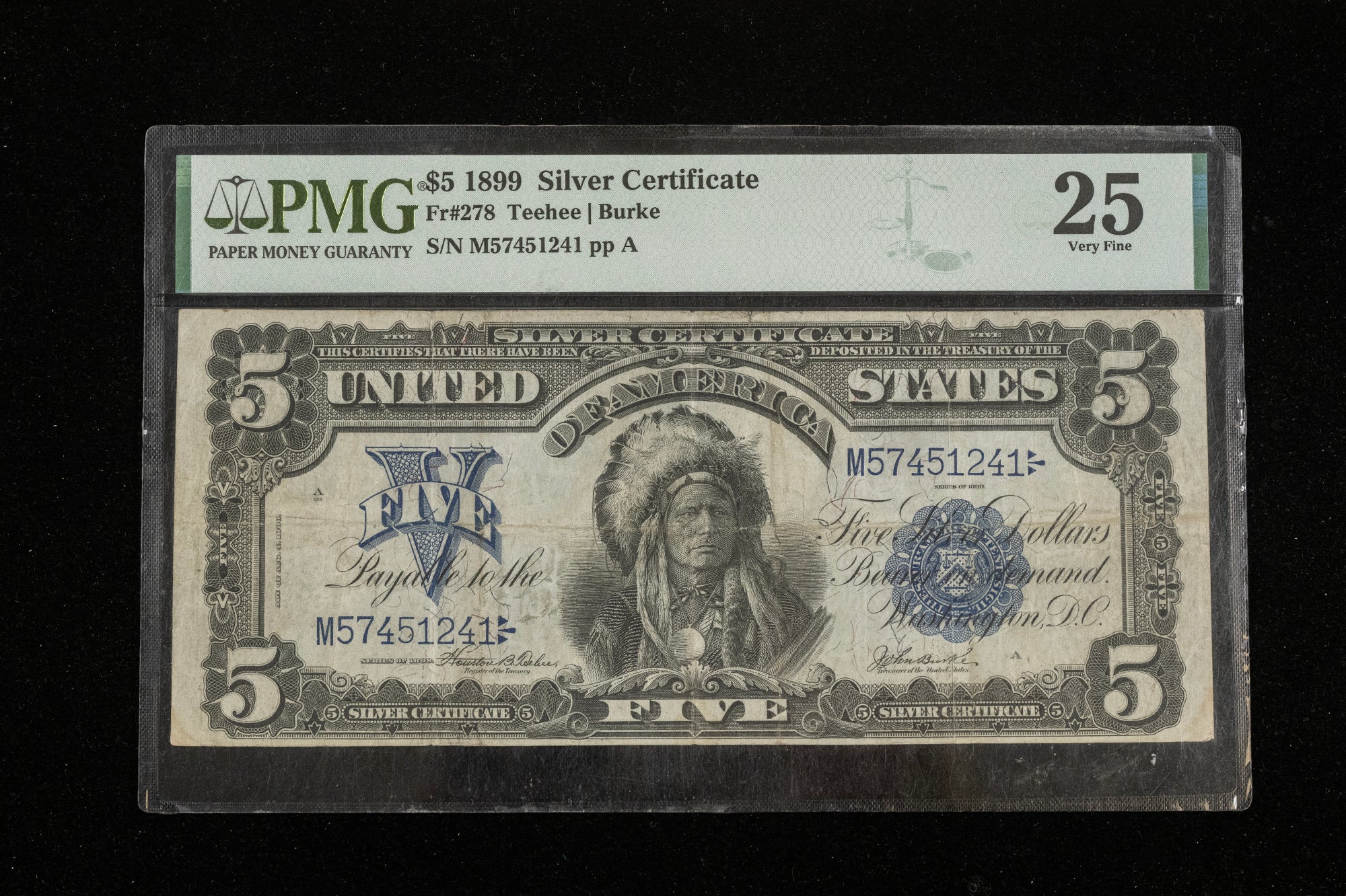 A PMG graded US $5 1889 Silver Certificate banknote in a clear plastic holder against a black background. The PMG label at the top shows a 25 Very Fine grading.