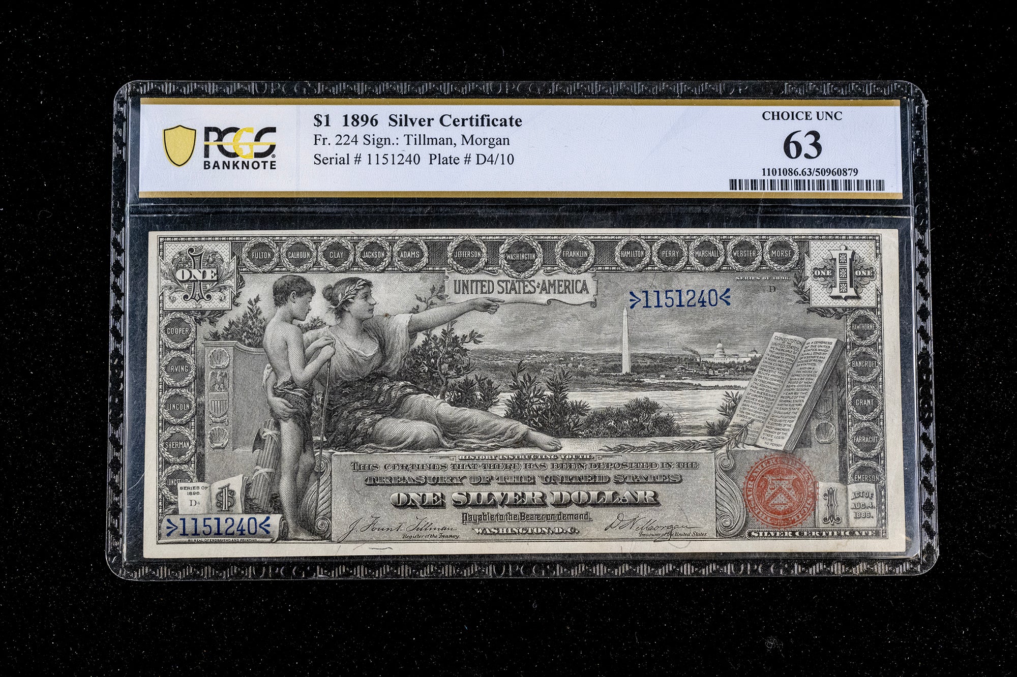 A graded 1896 United States Silver Certificate banknote encapsulated in a clear plastic holder with a black background. The top label shows a PCGS Barnette grading sticker with a grade of 63.