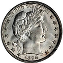Silver coin with profile of a woman and 'In God We Trust' inscription, dated 1898.
