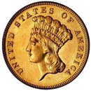 Gold coin with profile of a woman wearing a crown and 'United States of America' text.