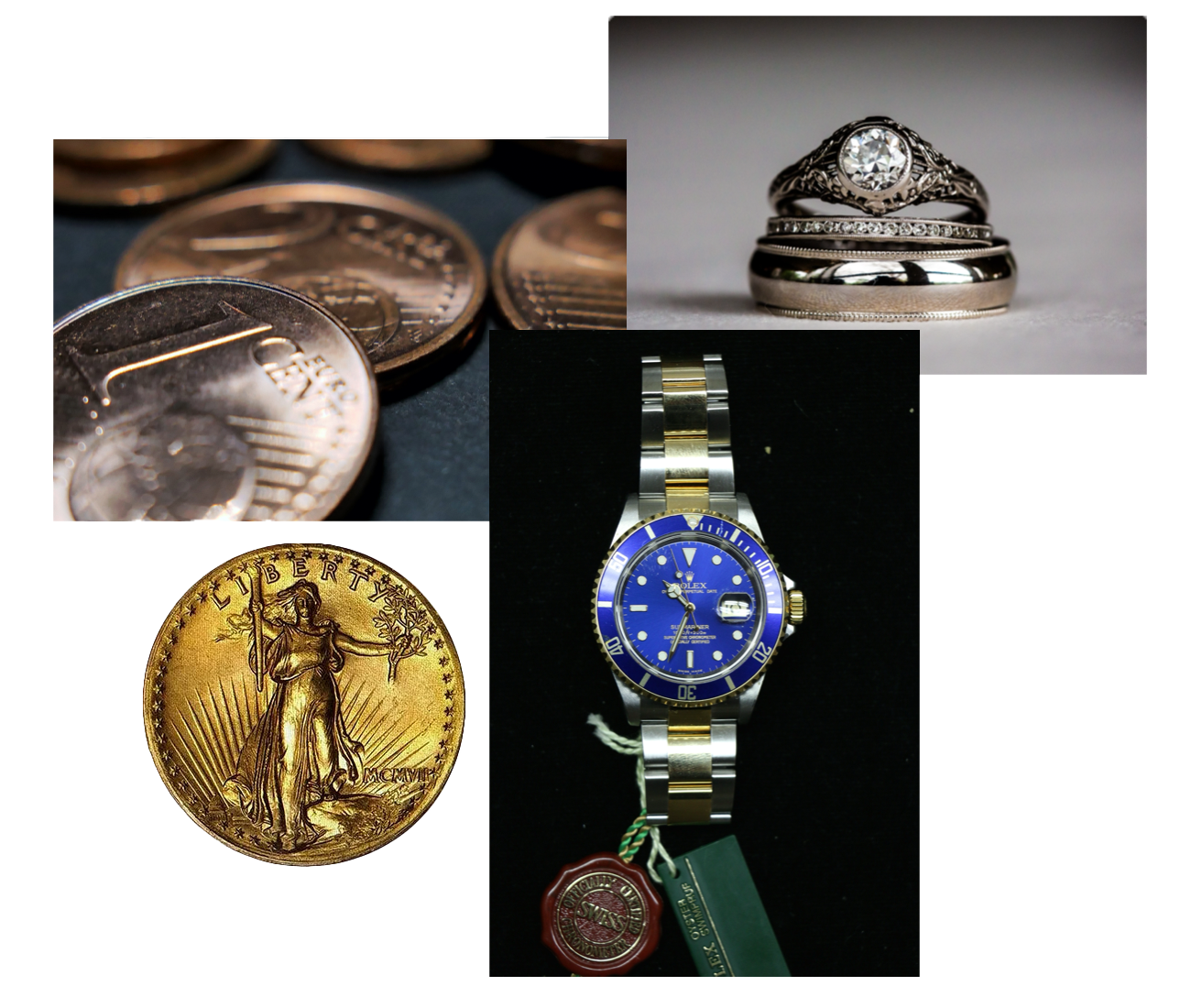 Collage of various coins, a ring, and a watch with a blue face.